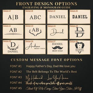May include: A guide for engraving and monogram options. The image displays various design choices, including initials, names, and decorative elements. It also shows custom message font options with phrases like "Happy Father's Day" and "My Husband... Love You Anna."