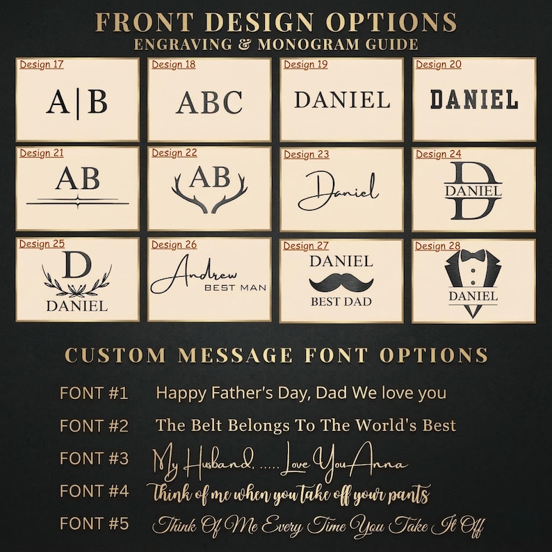 May include: A guide for engraving and monogram options. The image displays various design choices, including initials, names, and decorative elements. It also shows custom message font options with phrases like "Happy Father's Day" and "My Husband... Love You Anna."