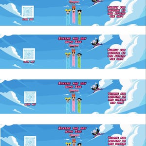 May include: A banner featuring the Powerpuff Girls, with the text "Saving the Day with Isa" and "Thanks for Popping in and Saving the Day!" The image includes a QR code and a cartoon character flying in the sky.