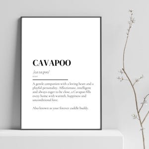 May include: A rectangular wall art print featuring the word CAVAPOO in bold black text, followed by its phonetic pronunciation, the noun classification, and a descriptive paragraph defining the dog breed as a gentle, loving companion.