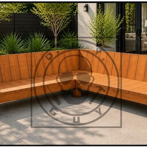 May include: An L-shaped outdoor sectional sofa constructed from light brown wood with vertical slat backrests and flat armrests. The furniture features a corner design with a central support leg and a smooth, uniform finish throughout the frame.