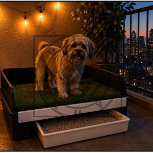 May include: A small, light brown dog stands on a rectangular pet potty station featuring a green artificial grass surface, a black frame, and a removable white tray at the base filled with absorbent material for indoor or balcony pet waste management.