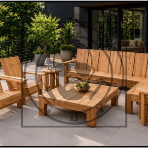 May include: A patio furniture set made of light brown wood, consisting of two armchairs, a long bench, a square coffee table, and two small round side tables. The furniture features vertical slat backrests and sturdy, block-style legs.