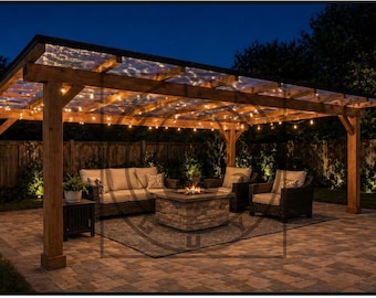 Guia digital para construir uma pérgola coberta em terreno inclinado de 4,27 m x 7,62 m (14' x 25') para o seu quintal.
