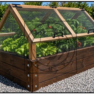 May include: A rectangular raised garden bed constructed from dark stained wood planks with a gabled roof frame covered in wire mesh. The structure features two hinged panels with black metal handles, allowing access to the green plants inside.