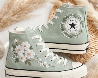 Sage White Custom Converse High Top, Embroidered Canvas Sneakers, Handmade Personalized All Star Shoes
