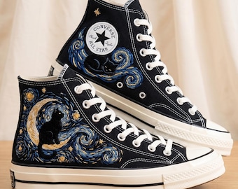 Cat Night Converse High Top Shoes, Embroidered Sneakers, Personalized Canvas Footwear Dark Theme Design