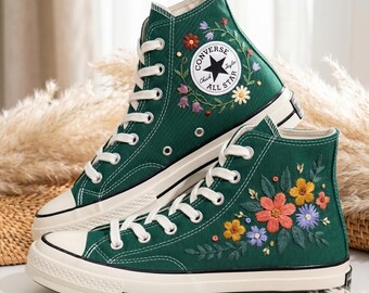 Floral Embroidered Converse High Top, Custom Green Canvas Sneakers, Botanical Flower Shoes Handmade Design