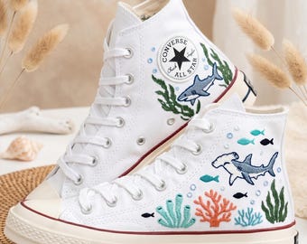 Shark Ocean Converse High Top Shoes, Embroidered Sneakers, Personalized Canvas Footwear Marine Life Design