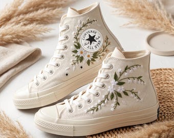 White Shoe Converse High Top Sneakers, Embroidered Canvas Footwear, Personalized Custom Floral Design Style