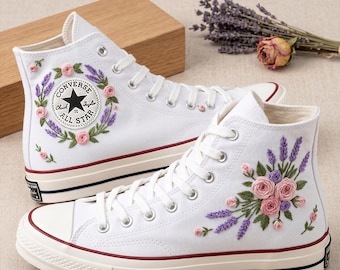 Rose Lavender Custom Converse High Top, Embroidered Canvas Sneakers, Handmade Personalized All Star Shoes
