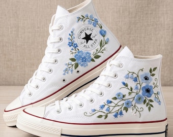 Blue Flower Embroidered Converse High Top Sneakers, Custom Floral Canvas Shoes, Indigo Stitch Design