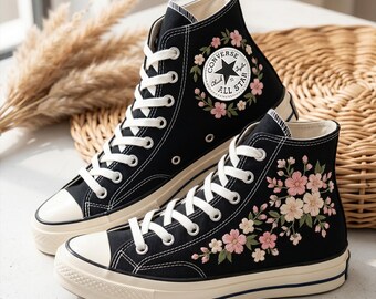 Blossom Flower Converse High Top Shoes, Embroidered Sneakers, Personalized Canvas Footwear Floral Spring Design