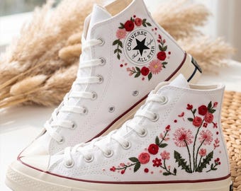 Red Pink Bridal Converse High Top Shoes, Embroidered Sneakers, Personalized Canvas Footwear Floral Design
