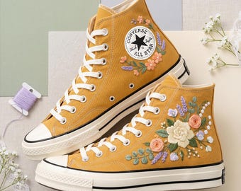 Yellow Flower Converse High Top Shoes, Embroidered Sneakers, Personalized Canvas Footwear Botanical Floral Design