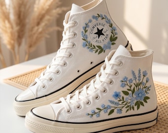 Blue Floral Custom Converse High Top, Embroidered Canvas Sneakers, Handmade Personalized All Star Shoes