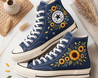 Sunflower Garden Converse High Top Shoes, Embroidered Custom Canvas Sneakers Unisex Streetwear Art Design