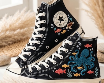 Custom Octopus Ocean Embroidered Converse High Top Sneakers, Handcrafted Marine Art Shoes Unisex