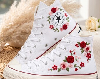 Red Wedding Flower Converse High Top Shoes, Embroidered Sneakers, Personalized Canvas Footwear Floral Design