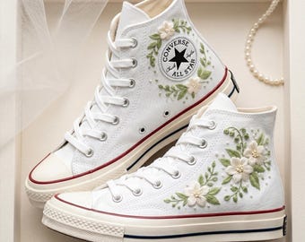 Green White Flower Converse High Top Shoes, Embroidered Sneakers, Personalized Canvas Footwear Botanical Design