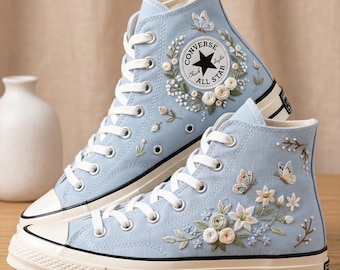 Butterfly White Custom Converse High Top, Embroidered Canvas Sneakers, Handmade Personalized All Star Shoes