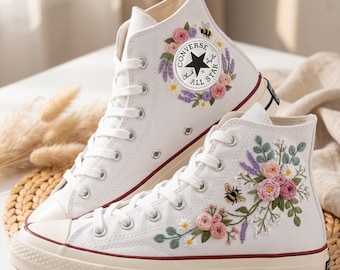 Bridal Bee Flower Custom Converse High Top, Embroidered Canvas Sneakers, Personalized All Star Shoes