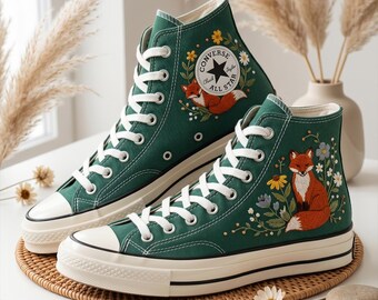 Fox Floral Converse High Top Shoes, Embroidered Sneakers, Personalized Canvas Footwear Woodland Animal Design