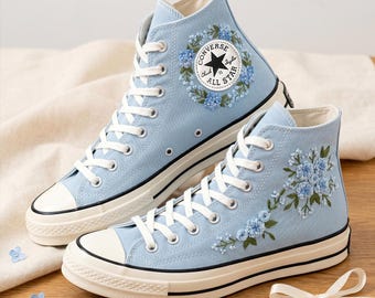 Custom Converse High Top Shoes, Blue Flower Embroidered Sneakers, Personalized Canvas Footwear Floral Design