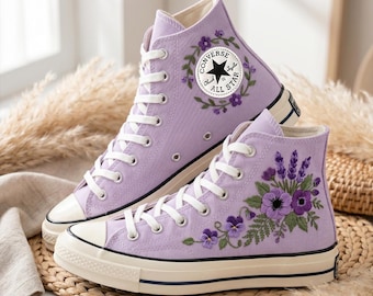 Purple Floral Embroidered Converse High Top Custom Sneakers, Hand Stitched Flower Pattern Canvas Shoes