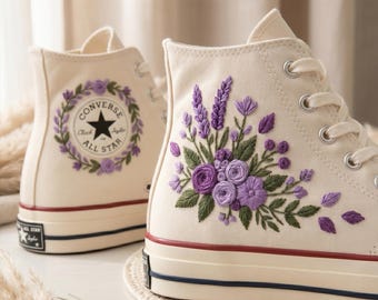 Custom Converse High Top Shoes, Purple Flower Embroidered Sneakers, Personalized Canvas Footwear Unique Style