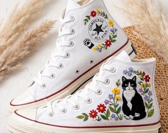 Converse Cat Flower Embroidered High Top Sneakers, Botanical Custom Canvas Shoes For Women