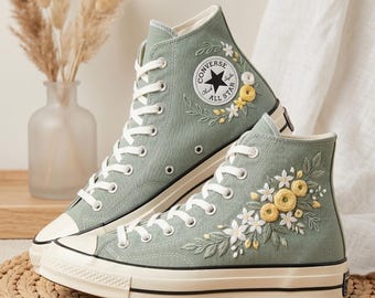 Sage Green Floral Embroidered Converse High Top Sneakers, Custom Botanical Canvas Shoes, Daisy Stitch