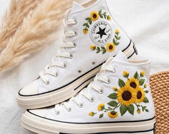 Sunflower Converse High Top, Embroidered White Canvas Sneakers, Custom Handmade Floral Personalized Shoes