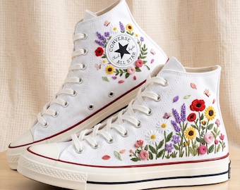 Floral Butterfly Custom Converse High Top, Embroidered Canvas Sneakers, Handmade Personalized All Star Shoes