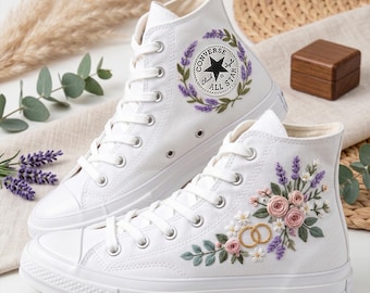 Floral Wedding Converse High Top, Custom Embroidered Sneakers, Bridal Flower Lace Canvas Shoes Design