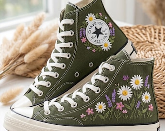 Green Floral Embroidered Converse High Top Sneakers, Custom Botanical Canvas Shoes Handcrafted Nature Design