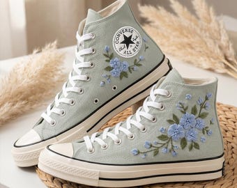 Sage Blue Flower Converse, Custom High Top Embroidered Canvas Shoes Handmade Personalized Sneakers Design