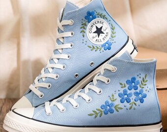 Blue Light Converse High Top Shoes, Floral Embroidered Sneakers, Personalized Canvas Footwear Design Style