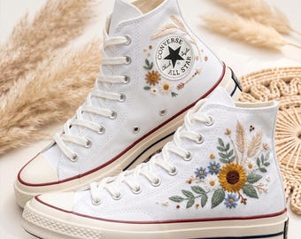 Boho Flower Converse High Top Sneakers, Custom Embroidered Floral Shoes, Personalized Canvas Footwear Design