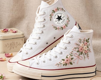Bow Pink Flower Custom Converse High Top, Embroidered Canvas Sneakers, Personalized All Star Shoes