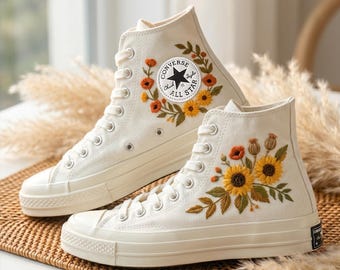 Warm Flower Converse High Top Shoes, Embroidered Sneakers, Personalized Canvas Footwear Botanical Tone Design