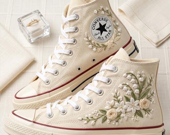 White Flower Converse High Top Shoes, Embroidered Sneakers, Personalized Canvas Footwear Minimal Floral Design