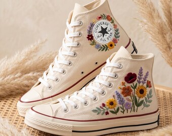 Garden Flower Converse High Top Shoes, Embroidered Sneakers, Personalized Canvas Footwear Botanical Floral Design