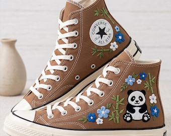 Panda Flower Custom Converse High Top, Embroidered Canvas Sneakers, Handmade Personalized All Star Shoes