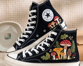 Mushroom Custom Converse High Top, Embroidered Canvas Sneakers, Unique Handmade Personalized All Star Shoes