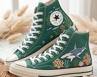 Whale Shark Custom Converse High Top, Embroidered Canvas Sneakers, Handmade Personalized All Star Shoes