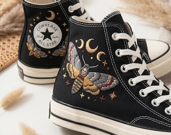 Moth Moon Embroidered Converse High Top Sneakers, Custom Canvas Shoes, Hand Stitched Celestial Design