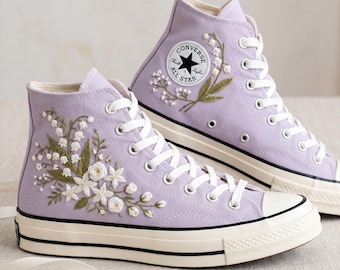 Purple Lily Converse High Top, Custom Embroidered Canvas Sneakers, Floral Botanical Unisex Streetwear Shoes