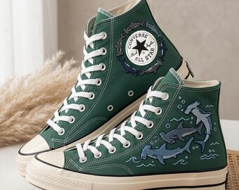 Hammerhead Shark Converse High Top Shoes, Embroidered Sneakers, Personalized Canvas Footwear Ocean Animal Design