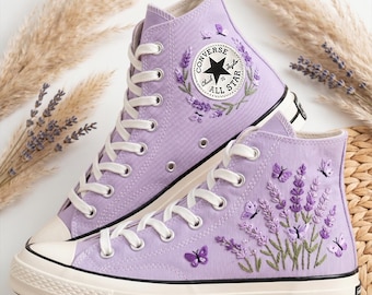 Purple Lavender Custom Converse Sneakers, Hand Embroidered Lilac Floral Shoes, Personalized Romantic Gift